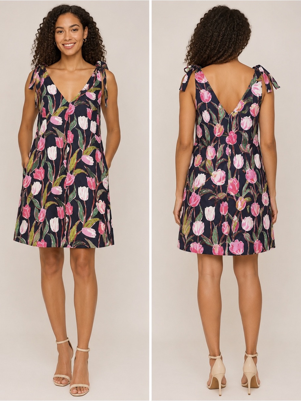 NWTAGS Donna Morgan Navy A-Line Dress with Pink Tulip Print